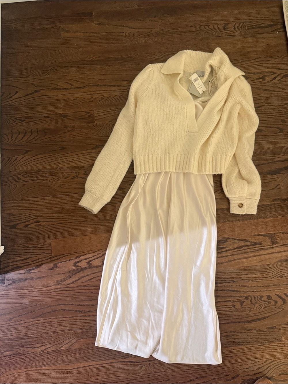 dh NEW YORK Cream Knit Sweater Over Cream Satin Slip Dress